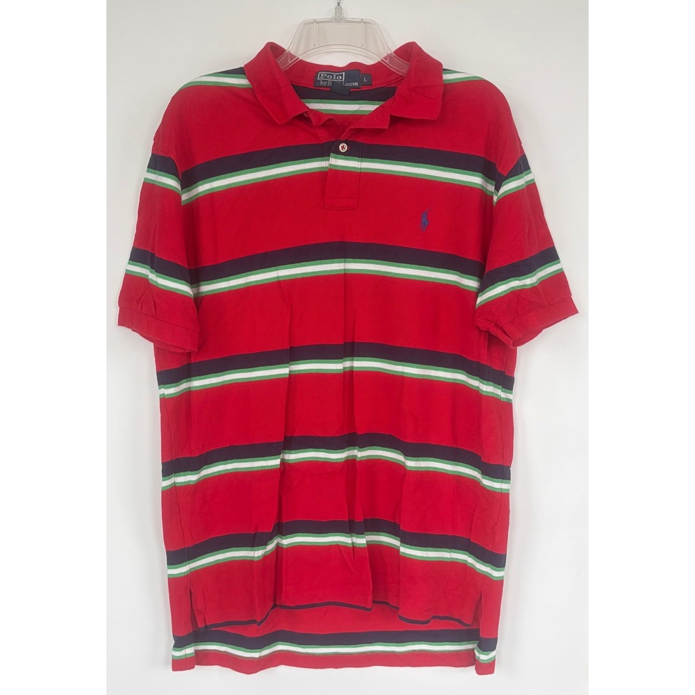 Polo Ralph Lauren Mens Large Red Striped Pique Polo Shirt Short Sleeve Blue Pony
